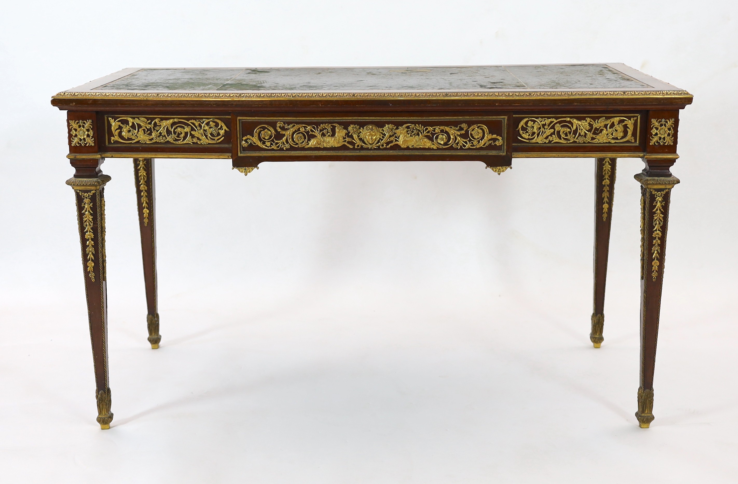 Francois Linke. A Louis XVI style gilt bronze mounted mahogany bureau plat, width 129cm depth 66cm height 74cm